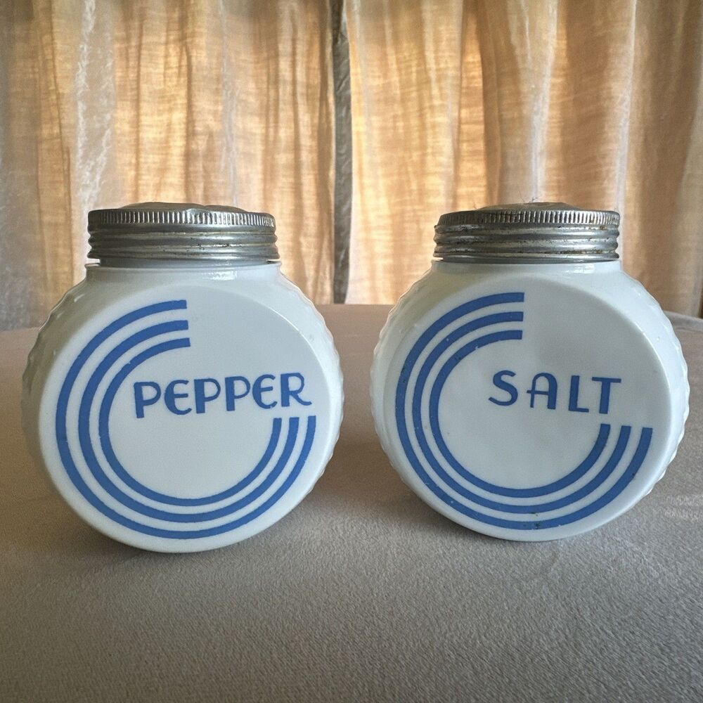 1950's Anchor Hocking Vitrock Salt & Pepper Shakers Blue on Milk Glass With Lids